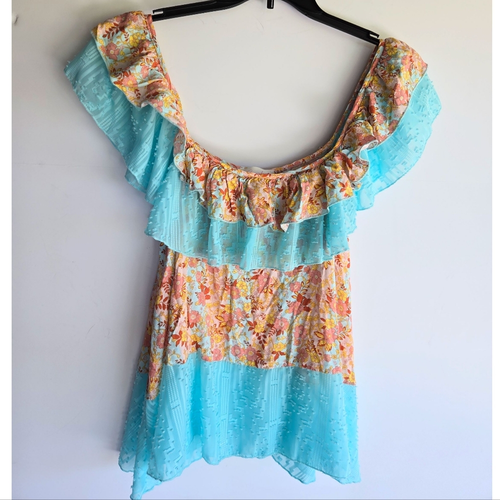 Sugarfox Floral Off-Shoulder Ruffle Top, M, Blue/Peach